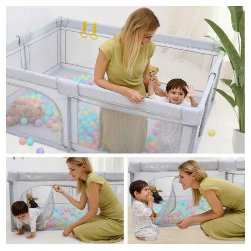 Adorable Baby Playpen, 200 x 180 cm XL Playyard, Reliable Kids Activity Center with Anti-Slip Suckers and Super Soft Breathable Mesh for Babies, Toddlers (Light Grey)