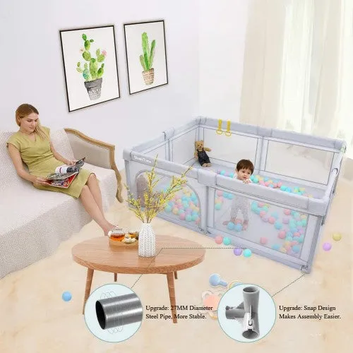 Adorable Baby Playpen, 200 x 180 cm XL Playyard, Reliable Kids Activity Center with Anti-Slip Suckers and Super Soft Breathable Mesh for Babies, Toddlers (Light Grey)