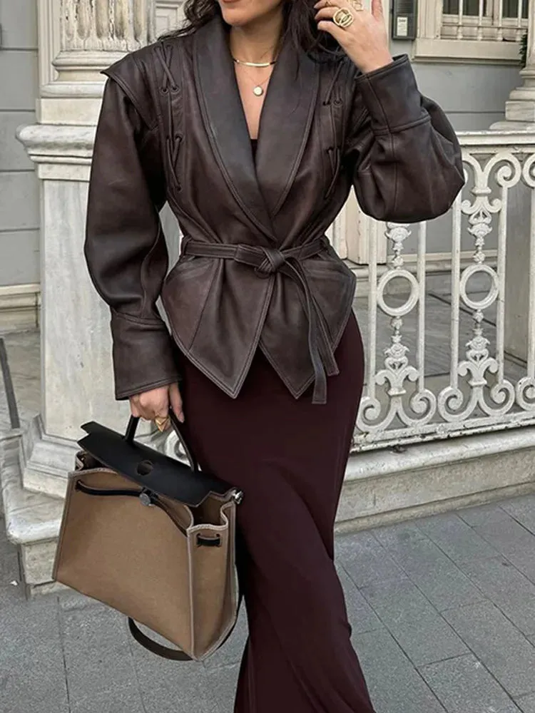 Advbridge Solid Irregular Hem Lapel Jackets With Belt Women Elegant Long Sleeve Button Pleated Coats 2024 New Lady Chic Outerwear