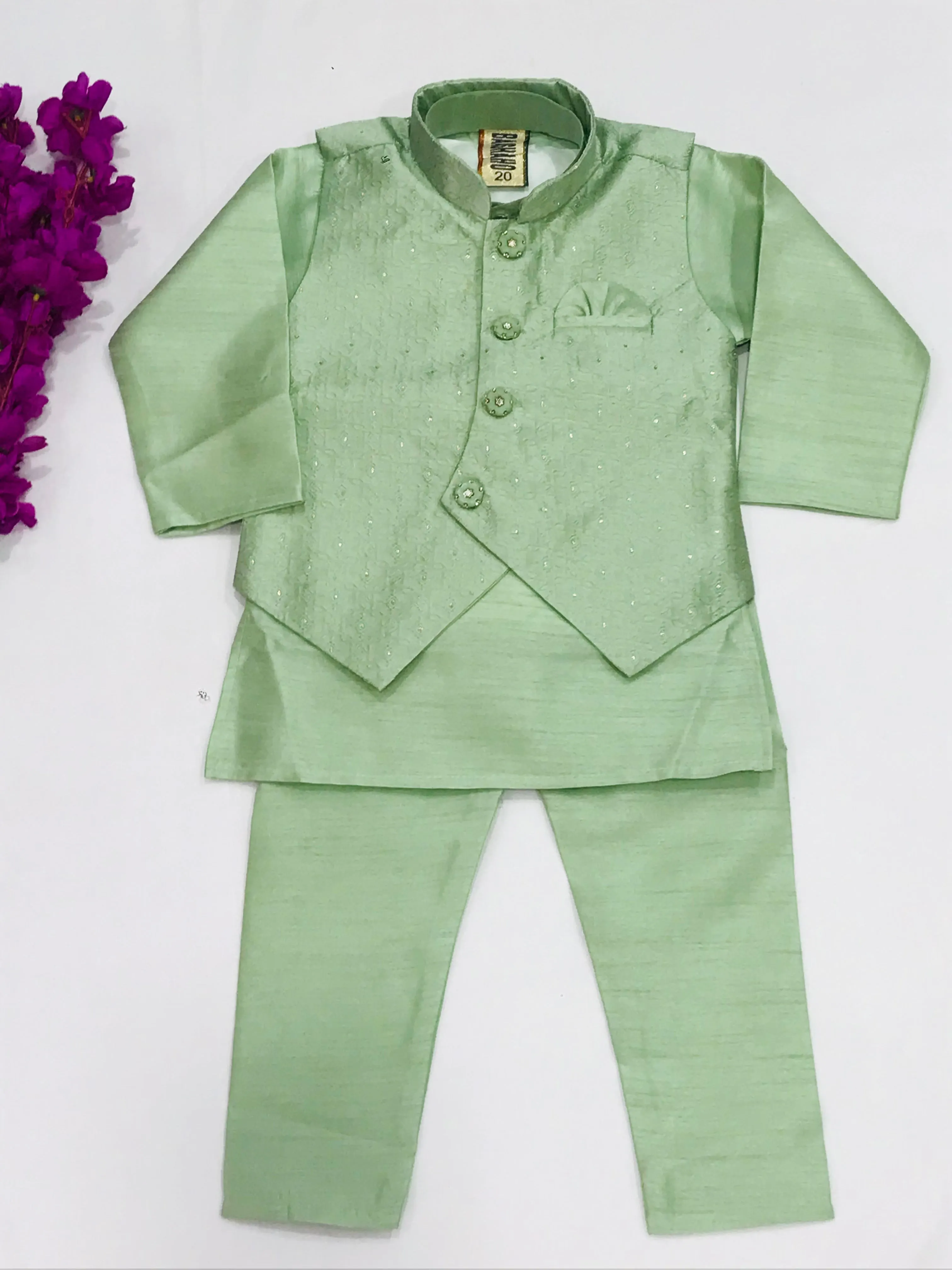 Attractive Pista Green Color Boys Kurta Pajama Set With Pearl Mala