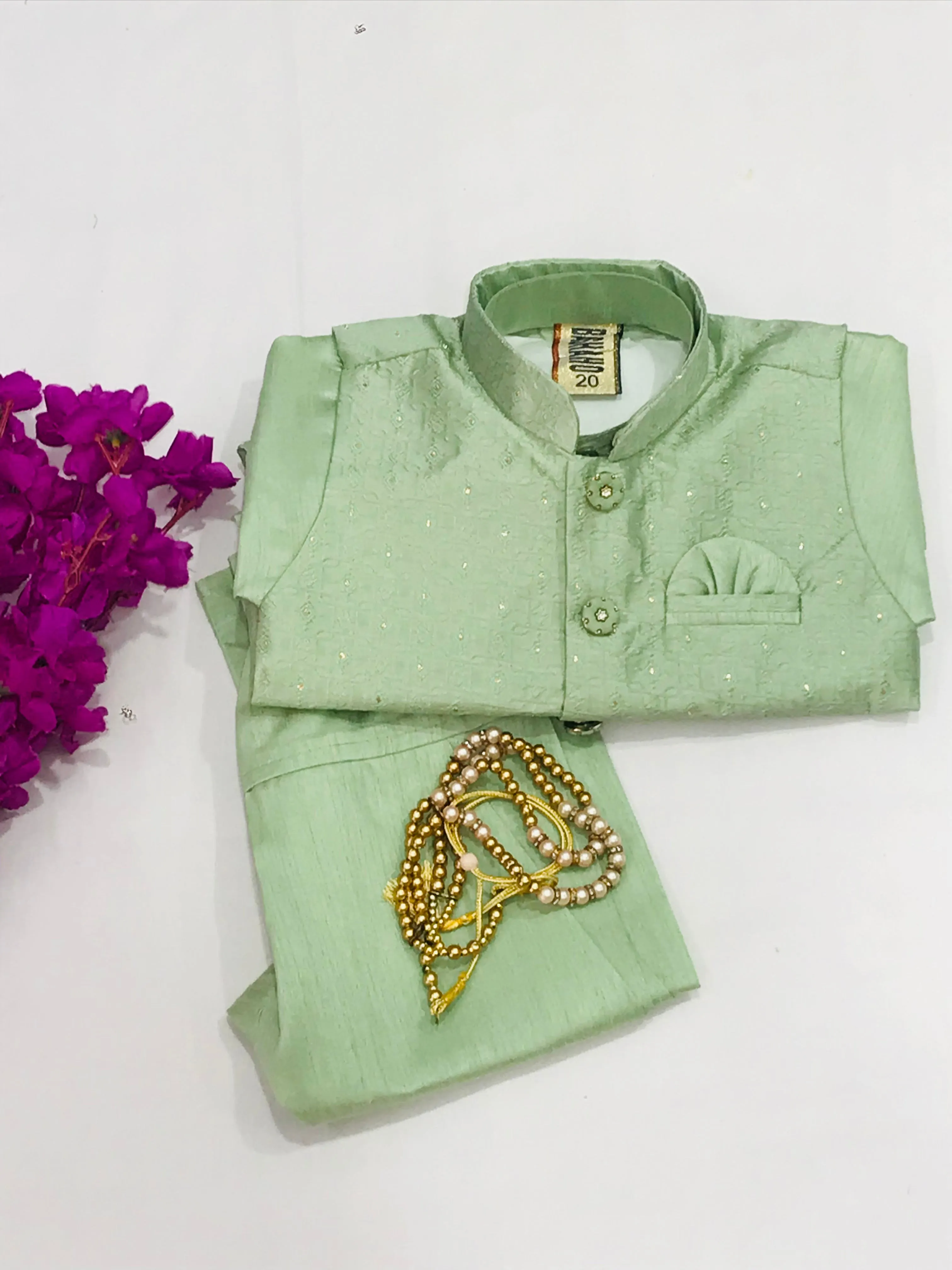 Attractive Pista Green Color Boys Kurta Pajama Set With Pearl Mala