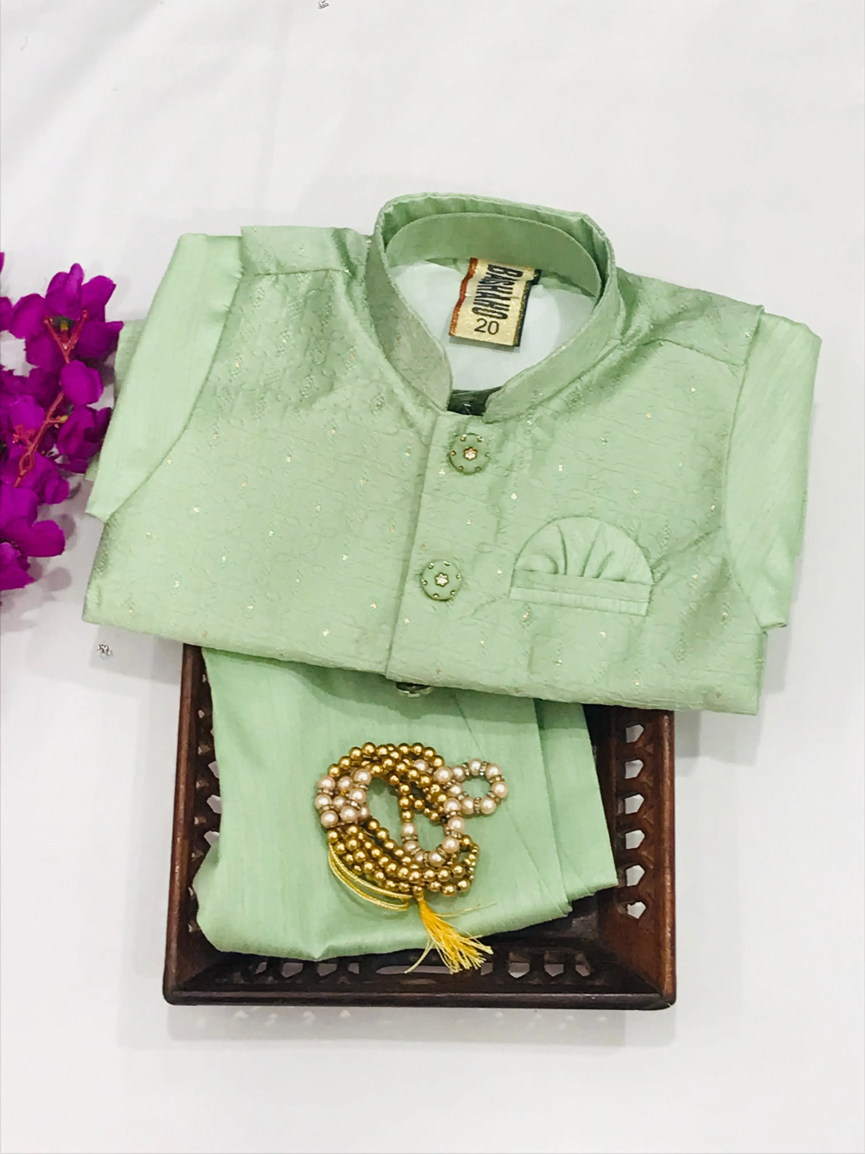 Attractive Pista Green Color Boys Kurta Pajama Set With Pearl Mala