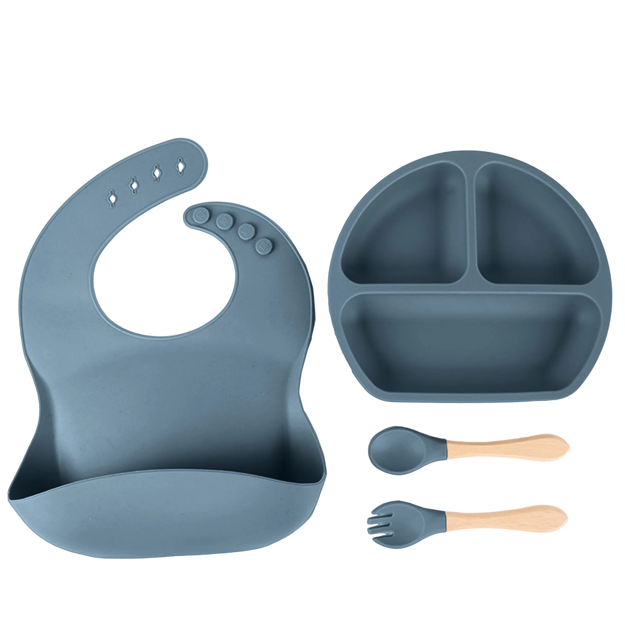 Babymoon Set of 4 | Silicone BPA Free Baby Kids Feeding Dinner Set Gift Box | Dinner Plate, Spoon & Fork, Silicone Bib | Darkblue