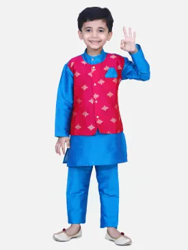 Boys Ethnic Wear Attached Chiffon printed Jacket Full Sleeve Kurta Pajama- Blue