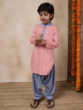 Boys Mandarin Collar Floral Printed Regular Kurta With Pyjamas