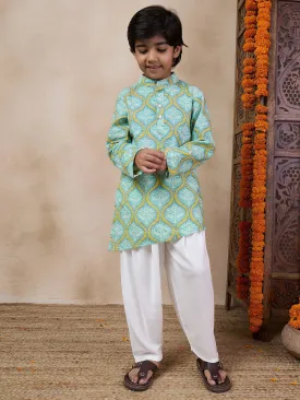 Boys Mandarin Collar Floral Printed Regular Kurta With Salwar