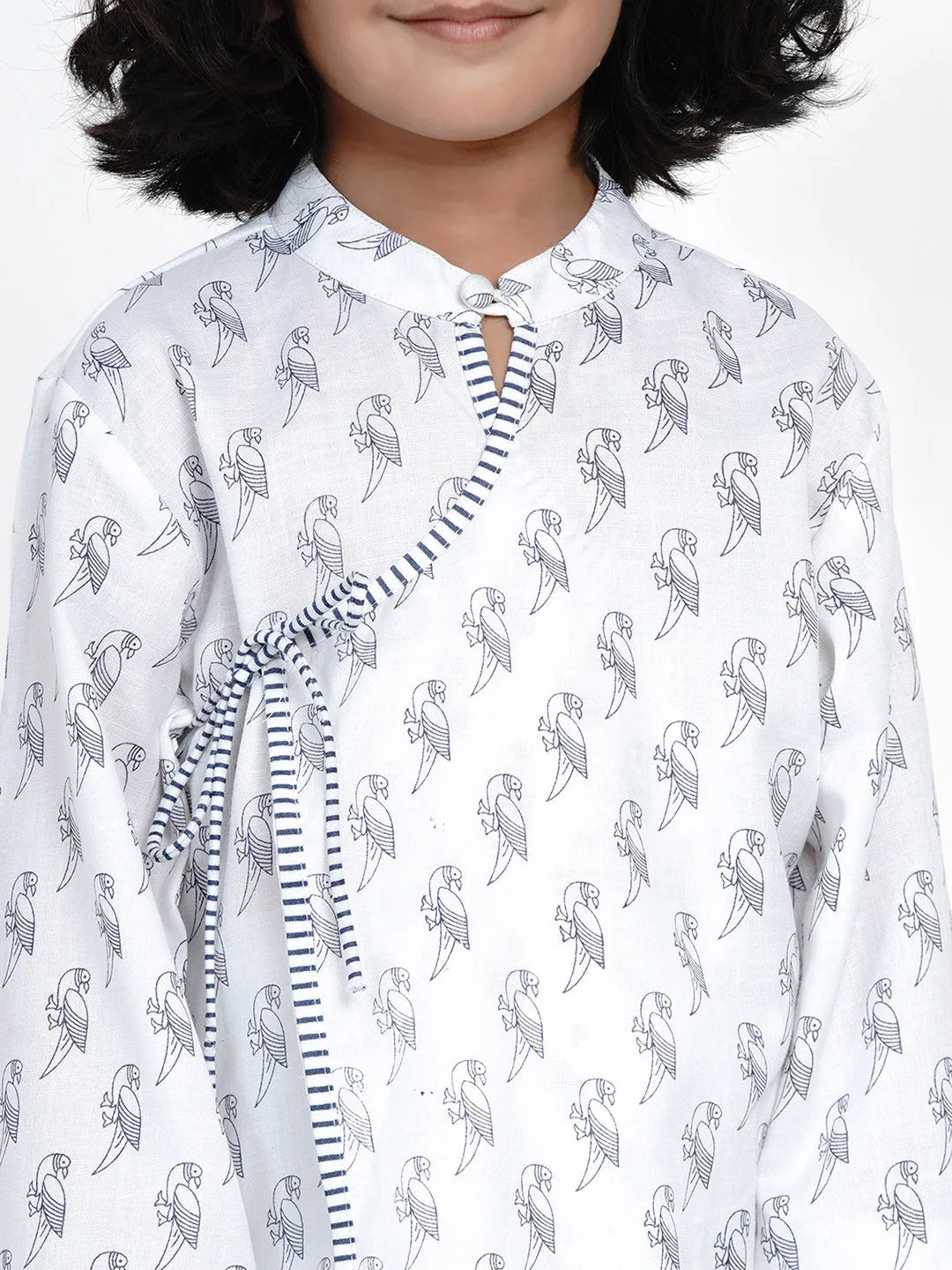 Boys White Printed Angrakha Kurta with Pyjamas