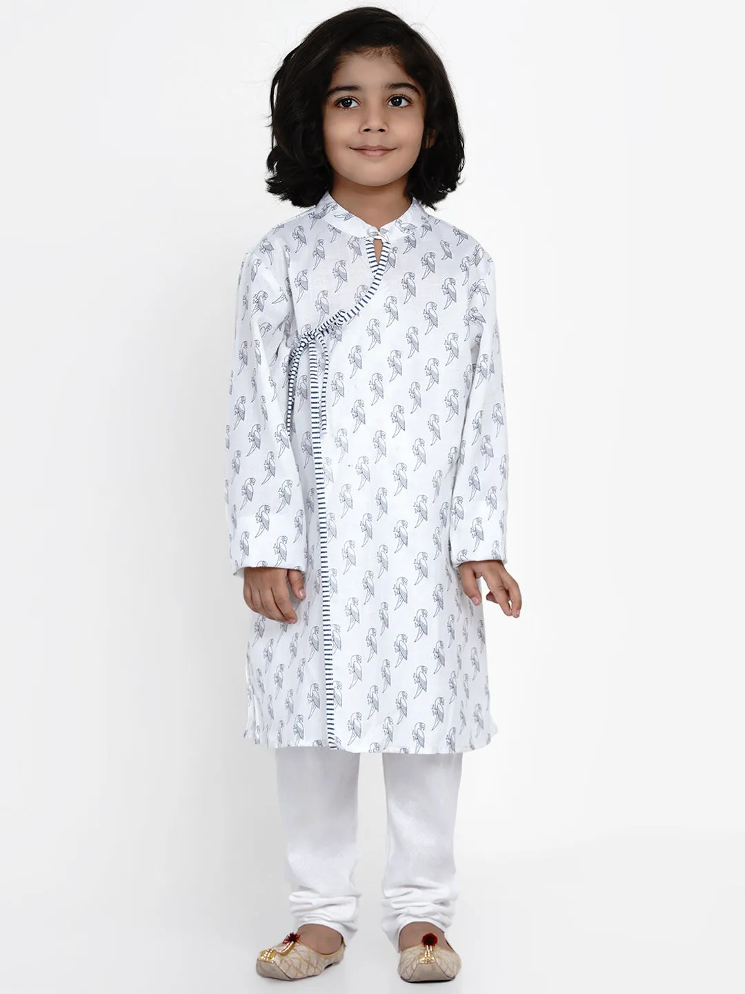 Boys White Printed Angrakha Kurta with Pyjamas