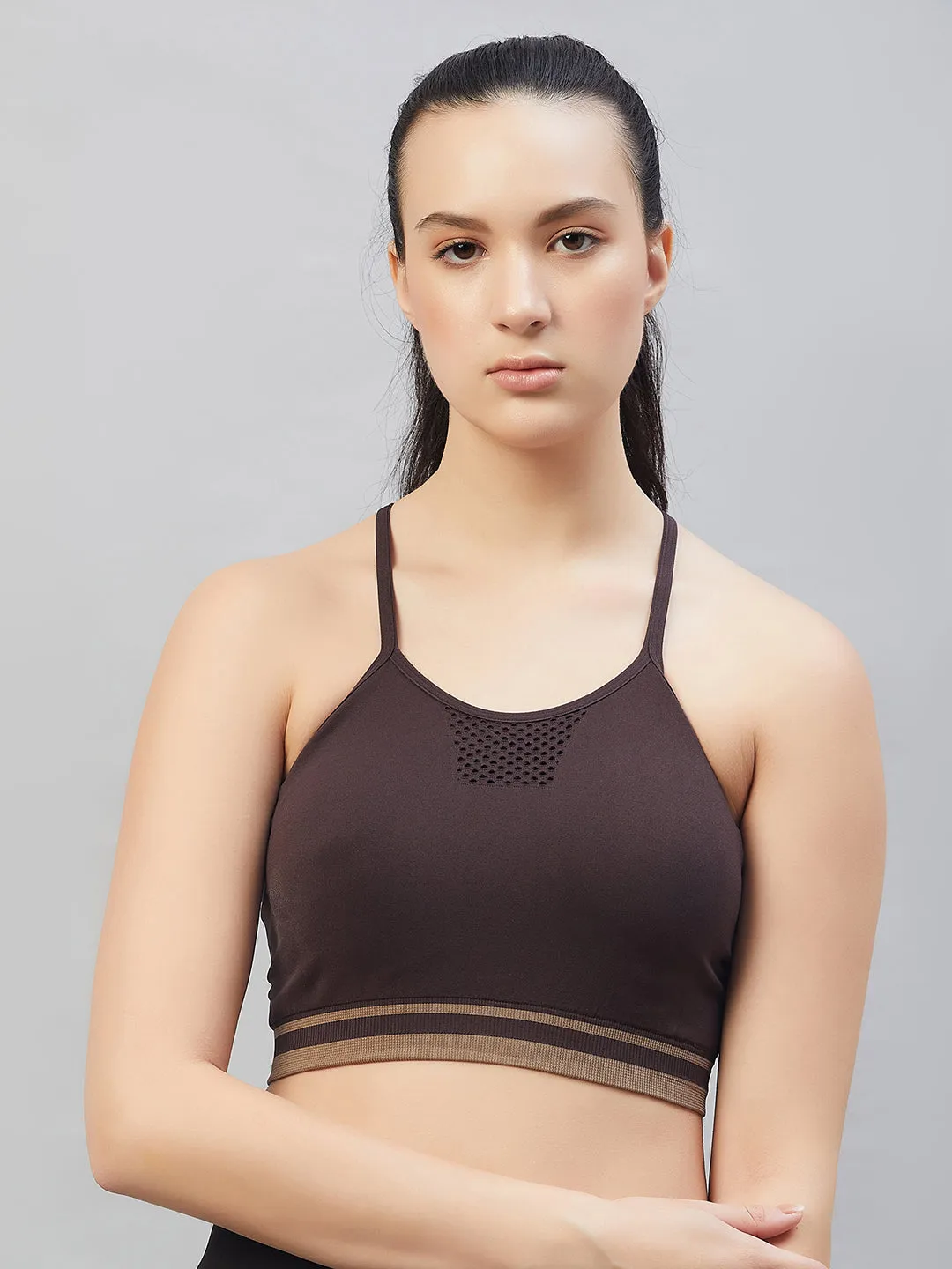 C9 Airwear seamless Women`s  Sports Bra with Thin Straps and Mesh - Black Coffee