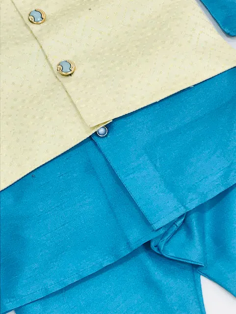 Charming Sky Blue Colored Silk Cotton Boys Sherwani With Pajama Pant Sets