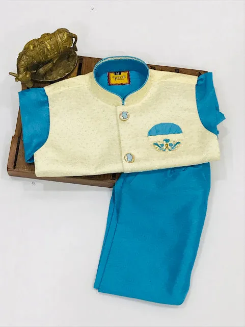 Charming Sky Blue Colored Silk Cotton Boys Sherwani With Pajama Pant Sets