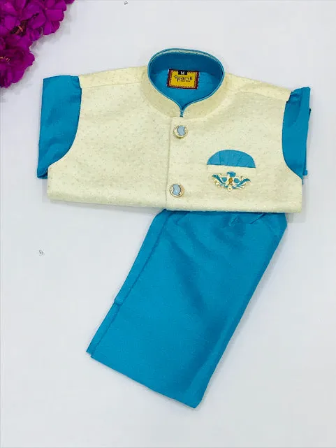 Charming Sky Blue Colored Silk Cotton Boys Sherwani With Pajama Pant Sets