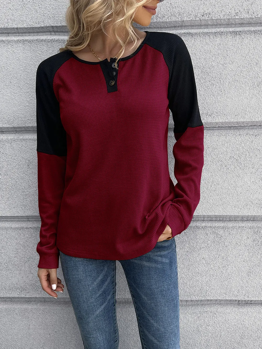 Contrast Buttoned Round Neck Raglan Sleeve Top