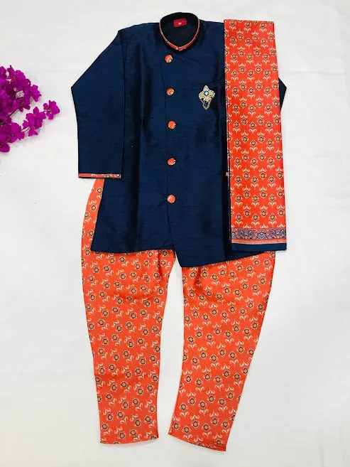 Delightful Dark Blue Colored Kurta With Dhoti Style Pant For Kids