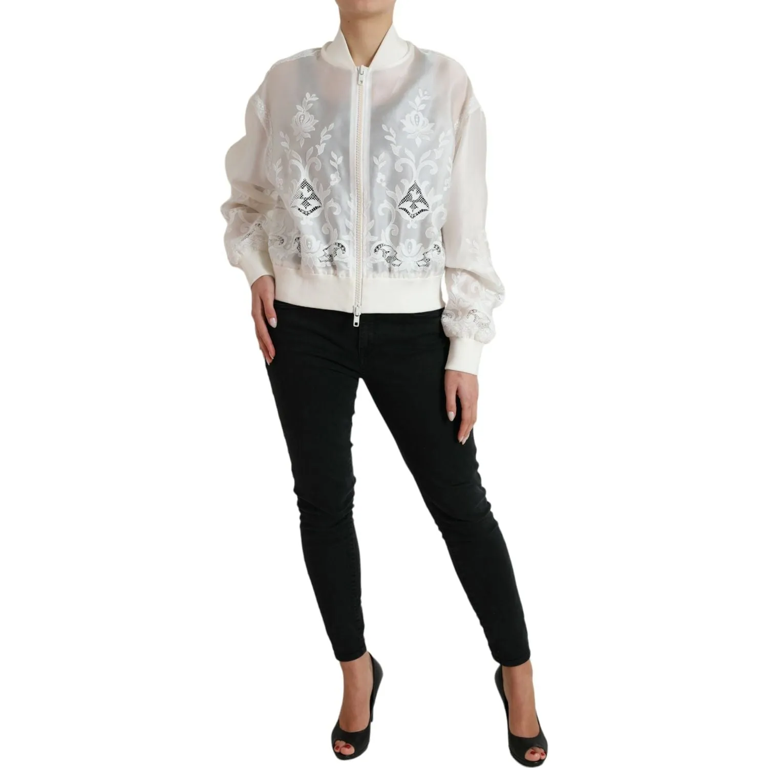 Dolce & Gabbana Elegant White Silk Bomber Jacket