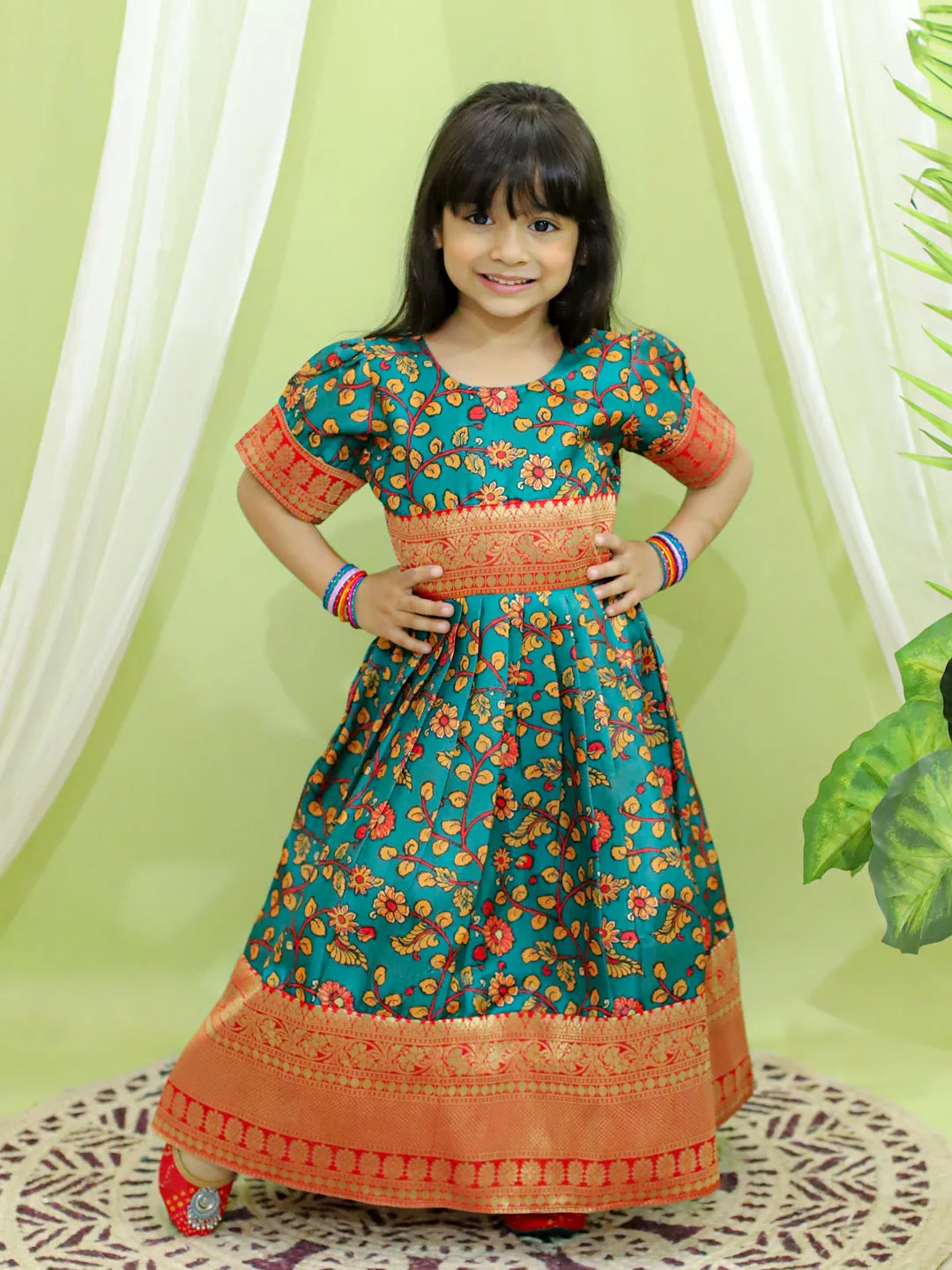 Ethnic Festive Kalamkari Print Party Dress Gown for Girls- Green