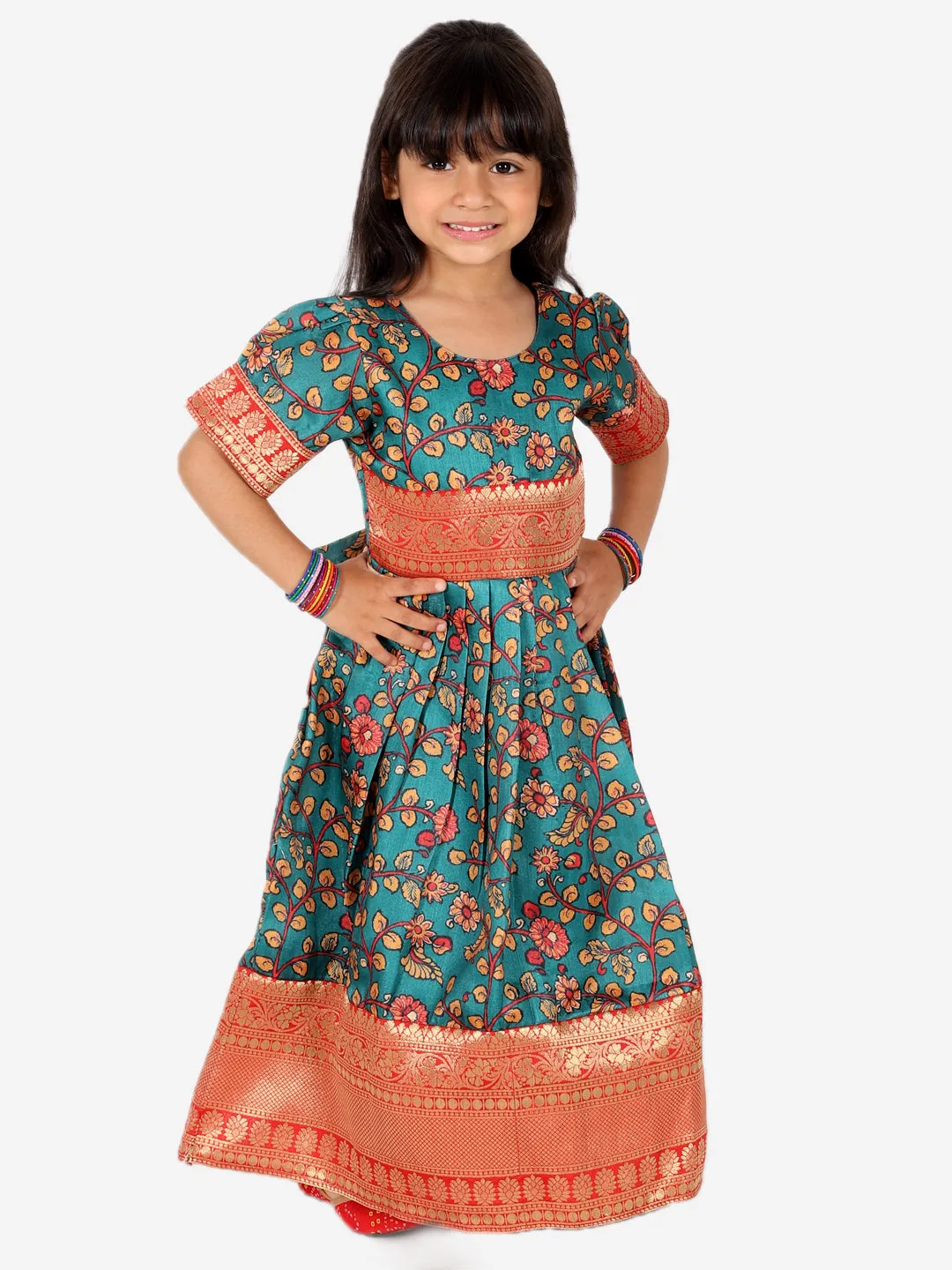 Ethnic Festive Kalamkari Print Party Dress Gown for Girls- Green