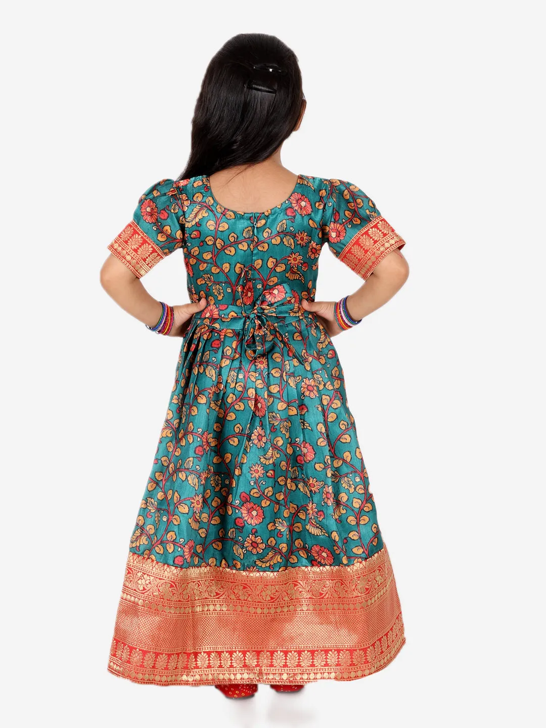 Ethnic Festive Kalamkari Print Party Dress Gown for Girls- Green