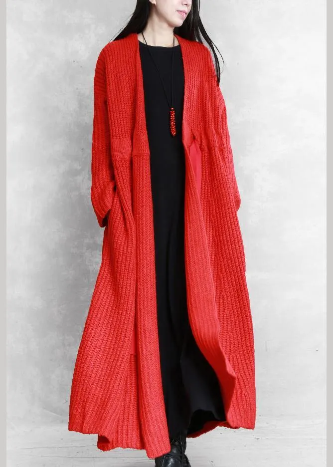 fine red woolen coats Loose fitting v neck drawstring long jackets women coats