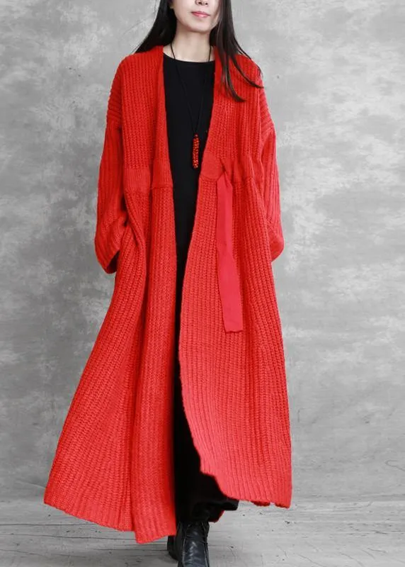 fine red woolen coats Loose fitting v neck drawstring long jackets women coats