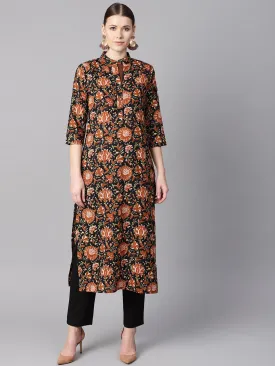 Floral Printed 3/4Th Sleeve A-Line Kurta With Solid Black Pants