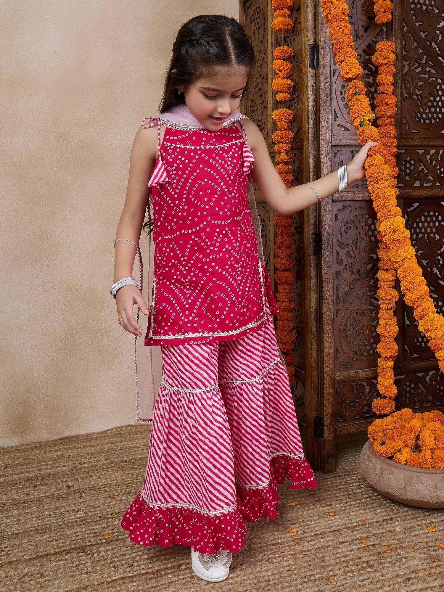 Girls Bandhani Printed Gotta Patti Straight Kurti With Sharara Dupatta