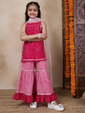 Girls Bandhani Printed Gotta Patti Straight Kurti With Sharara Dupatta