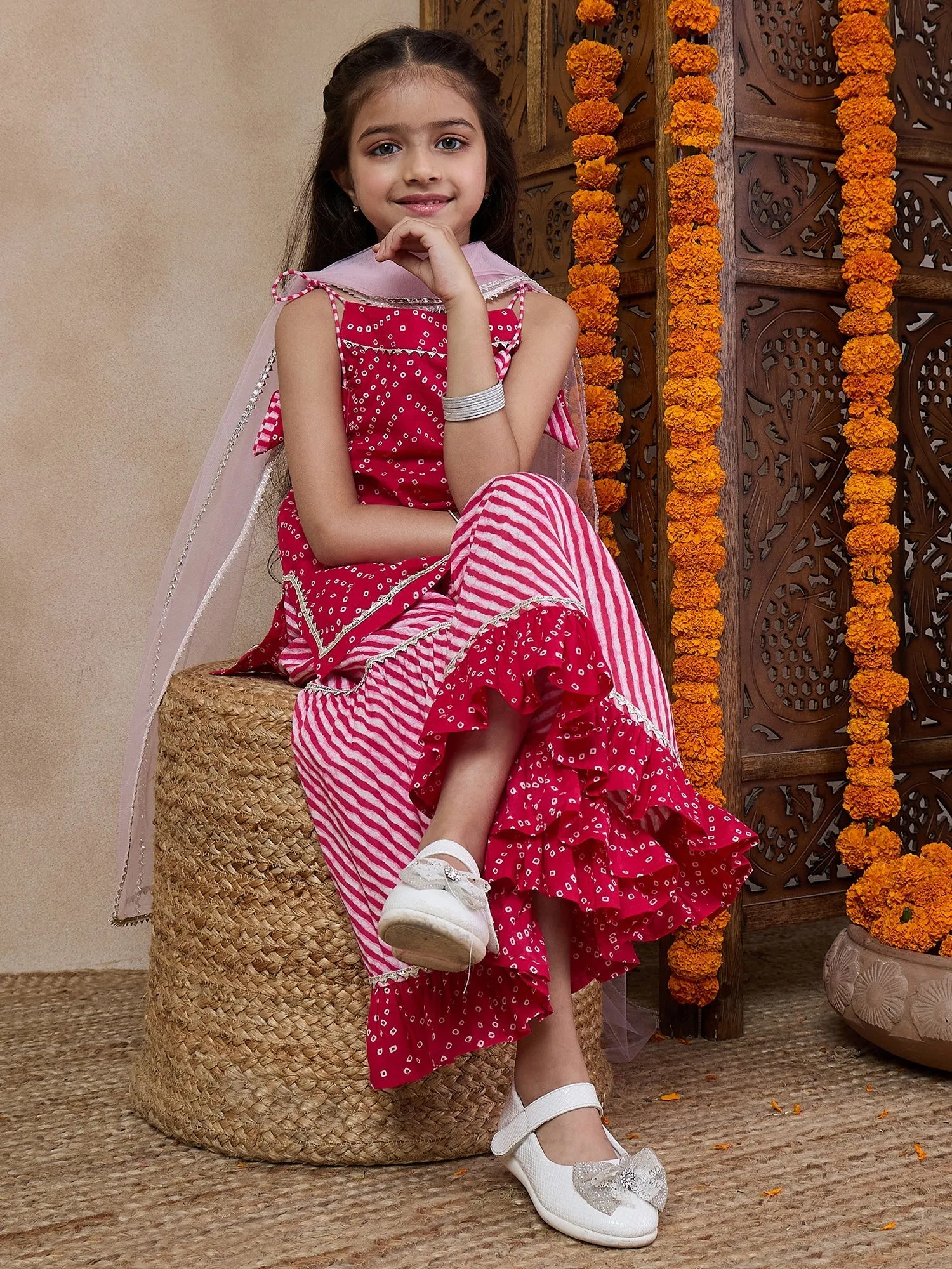 Girls Bandhani Printed Gotta Patti Straight Kurti With Sharara Dupatta