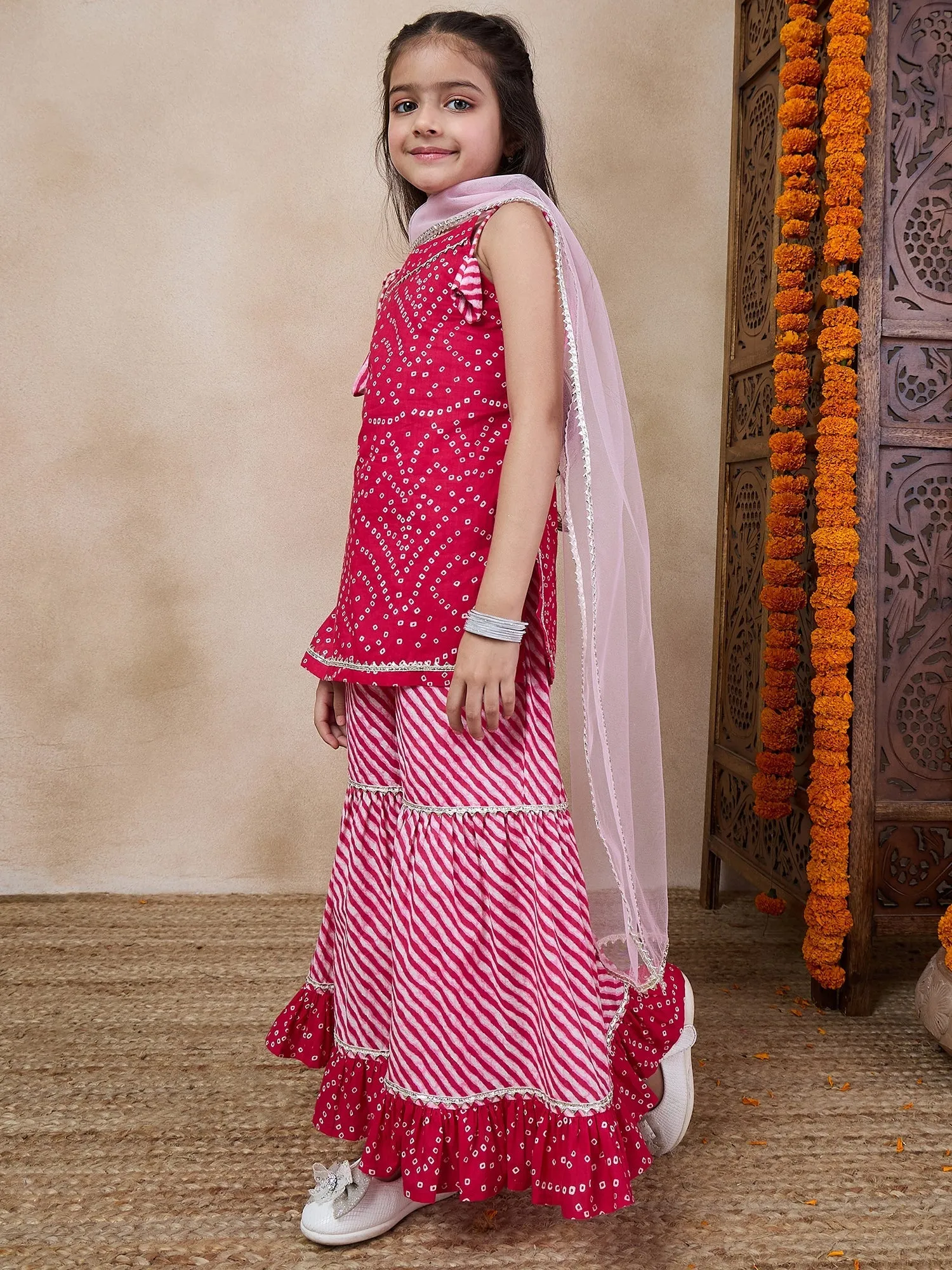 Girls Bandhani Printed Gotta Patti Straight Kurti With Sharara Dupatta