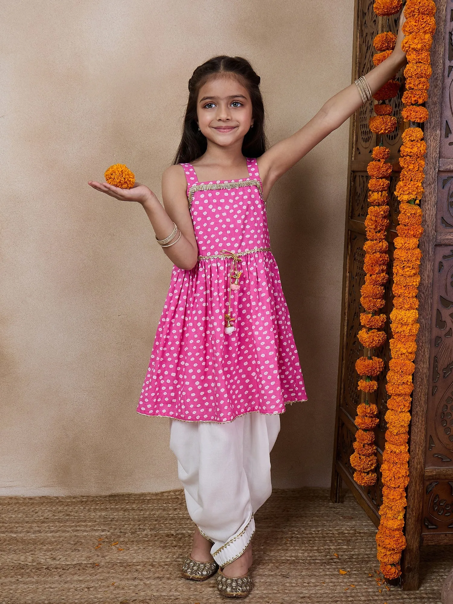 Girls Bandhani Printed Shoulder Straps Gotta Patti A-Line Kurta With Dhoti Pants