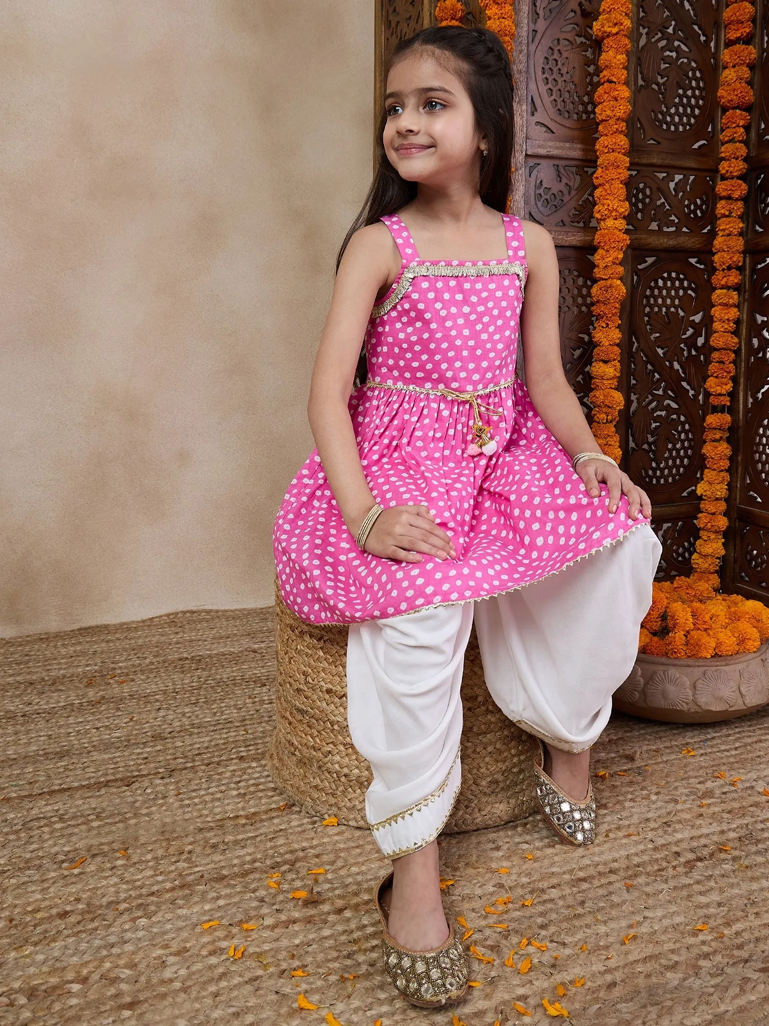 Girls Bandhani Printed Shoulder Straps Gotta Patti A-Line Kurta With Dhoti Pants