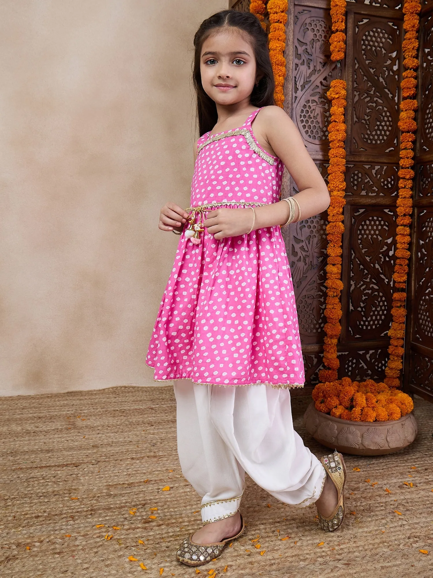 Girls Bandhani Printed Shoulder Straps Gotta Patti A-Line Kurta With Dhoti Pants