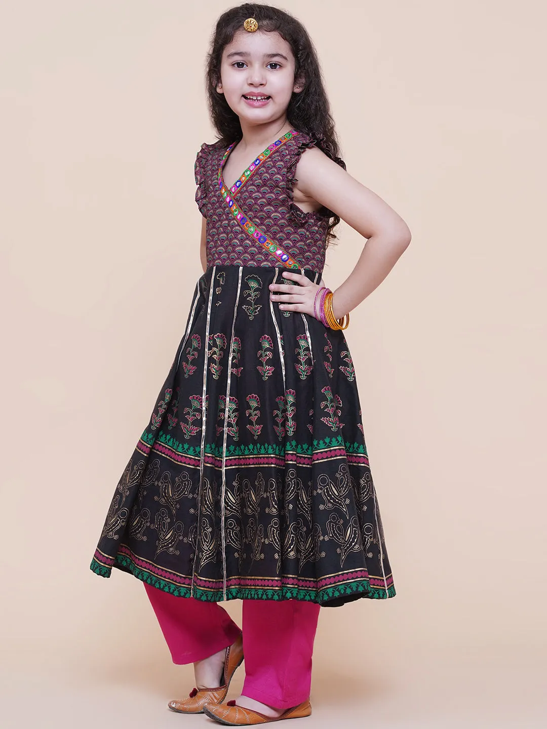 Girls Black Foil Printed Kurta With Trouser & With Duppta