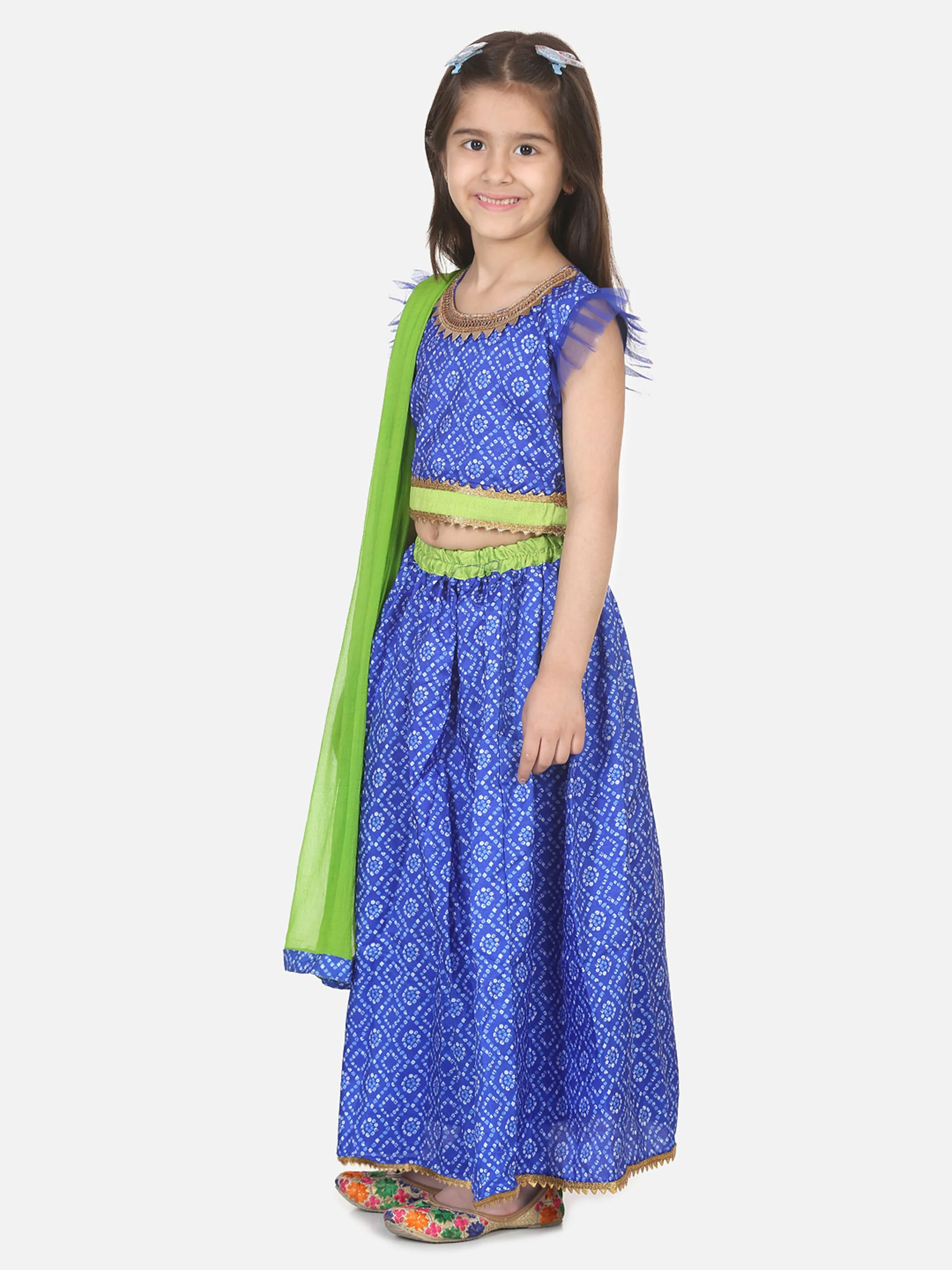 Girls Ethnic Festive Bandhani printed Net pleated Sleeves Lehenga Choli with Dupatta- Blue