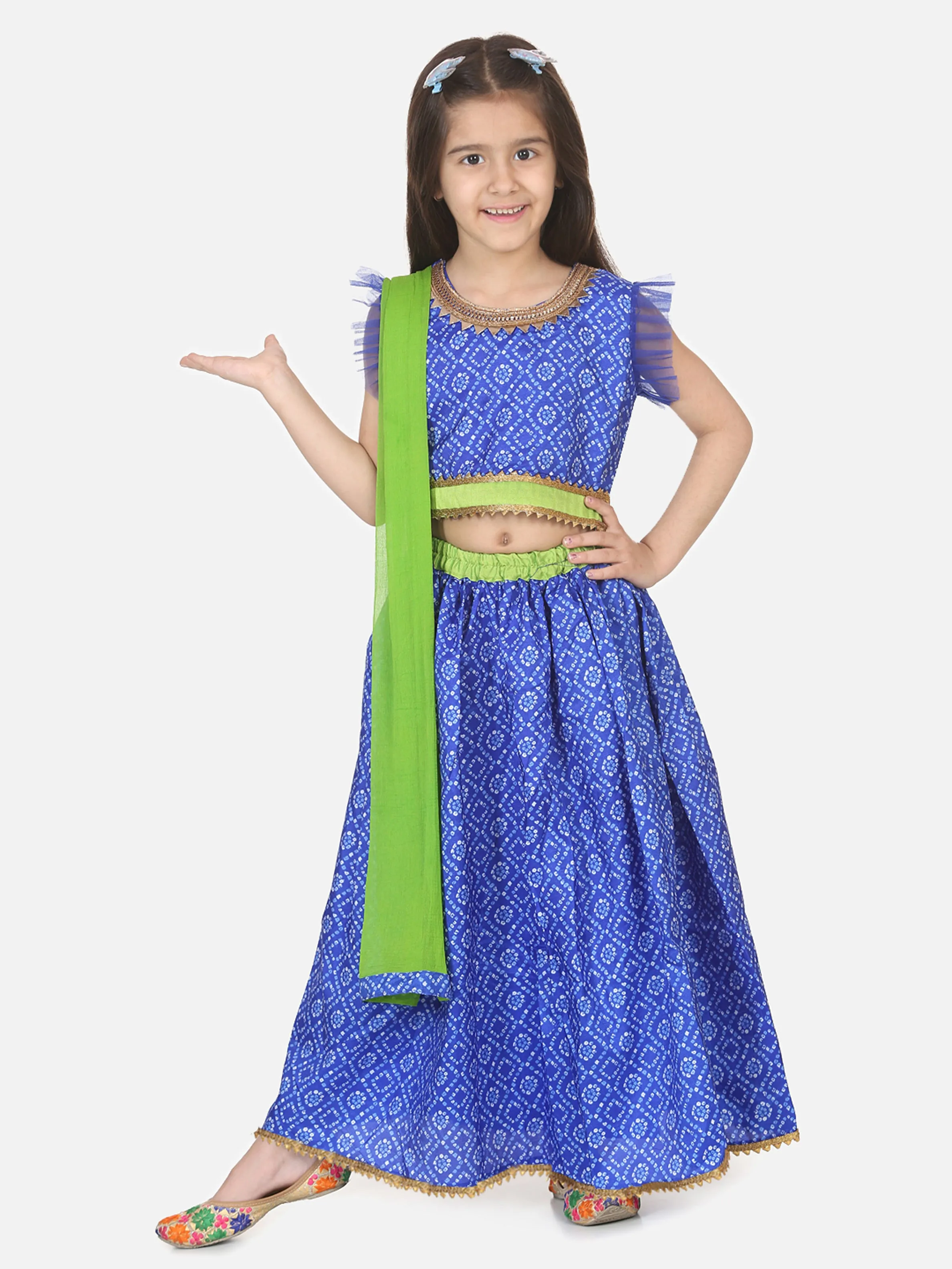 Girls Ethnic Festive Bandhani printed Net pleated Sleeves Lehenga Choli with Dupatta- Blue