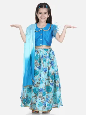 Girls Ethnic Festive Wear Ruffle Sleeve Floral Lehenga Choli with Dupattta- Blue