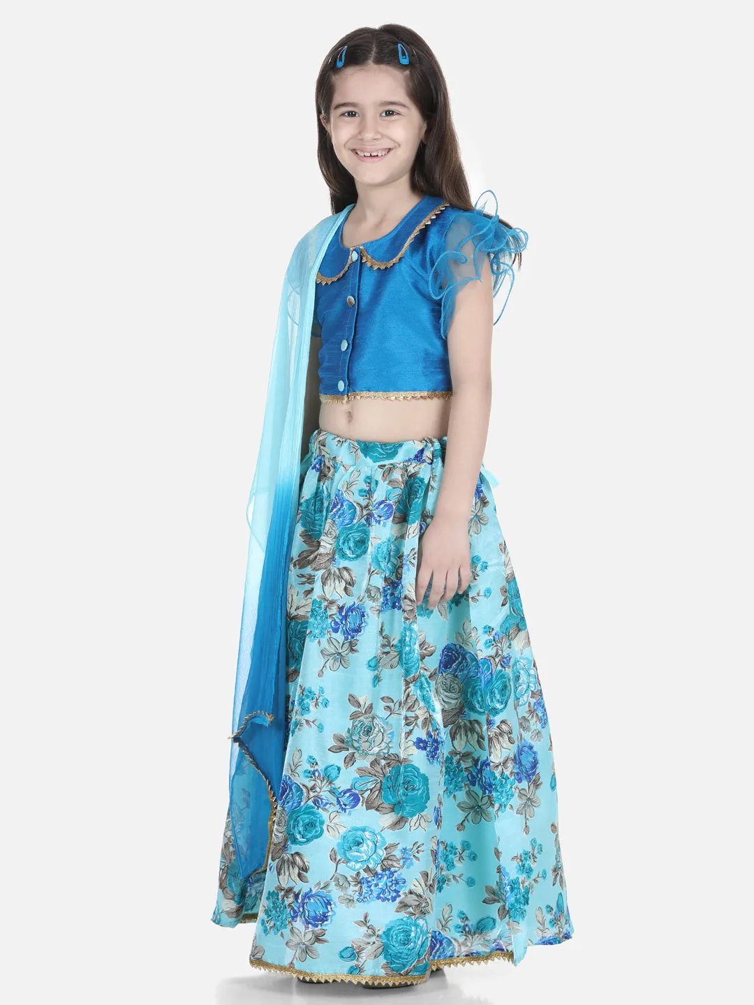 Girls Ethnic Festive Wear Ruffle Sleeve Floral Lehenga Choli with Dupattta- Blue