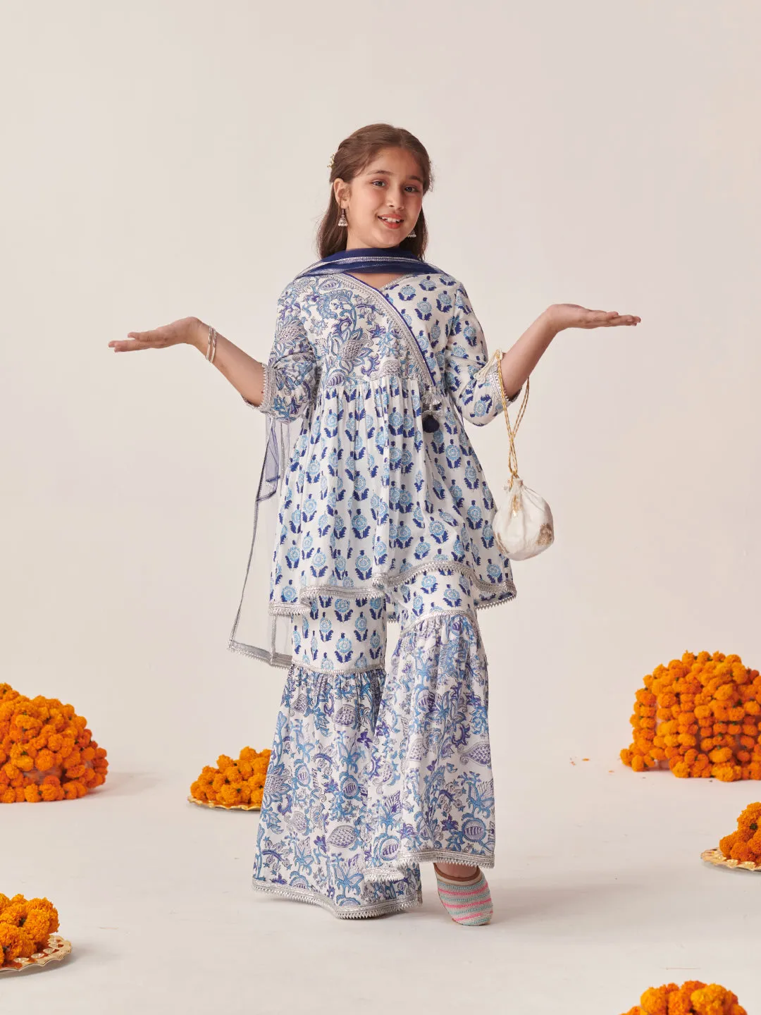 Girls Ethnic Motifs Printed Regular Kurta With Sharara & With Dupatta