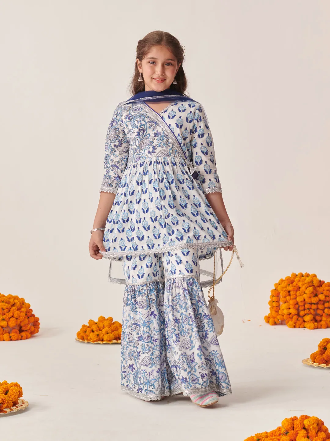 Girls Ethnic Motifs Printed Regular Kurta With Sharara & With Dupatta