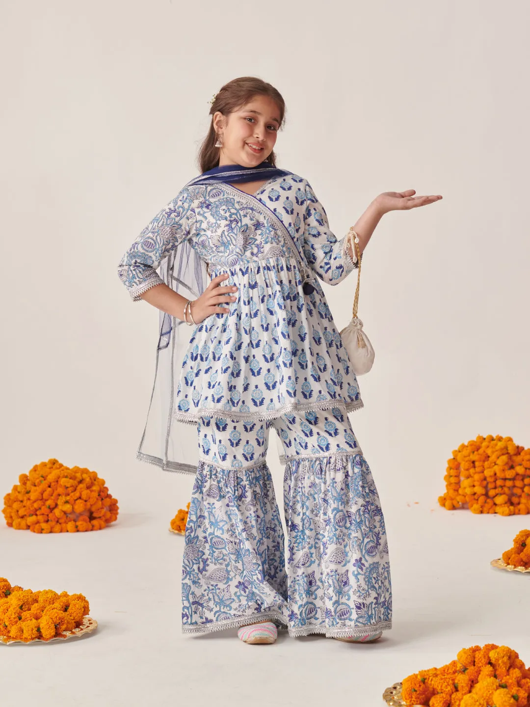 Girls Ethnic Motifs Printed Regular Kurta With Sharara & With Dupatta