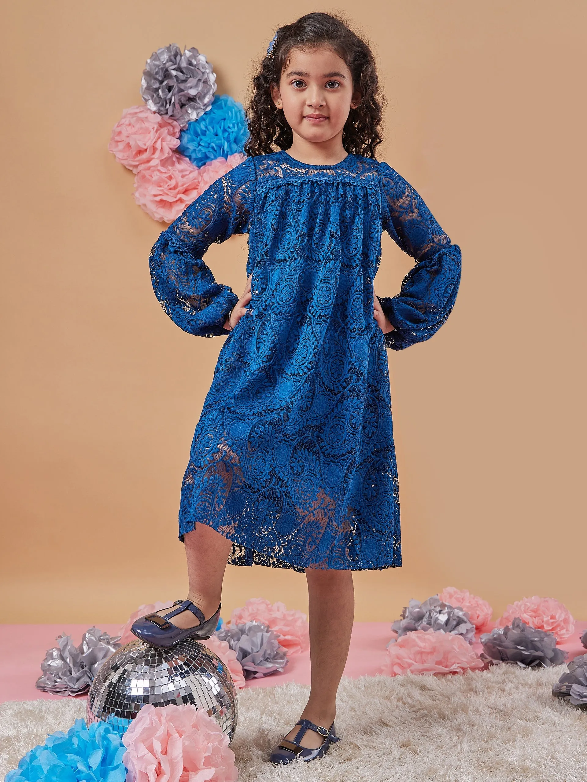 Girls Floral Print Round Neck Puff Sleeves A-Line Dress