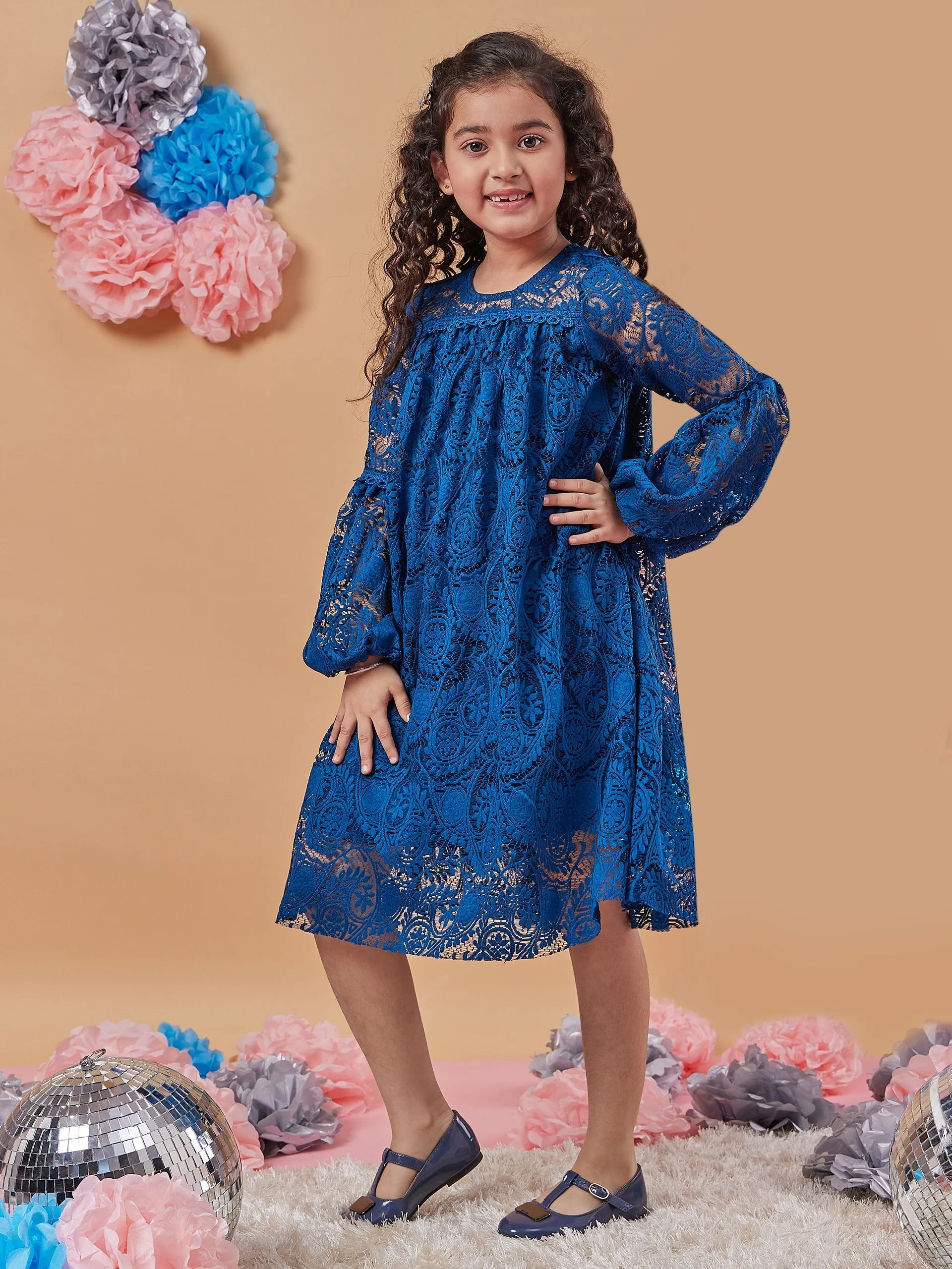 Girls Floral Print Round Neck Puff Sleeves A-Line Dress