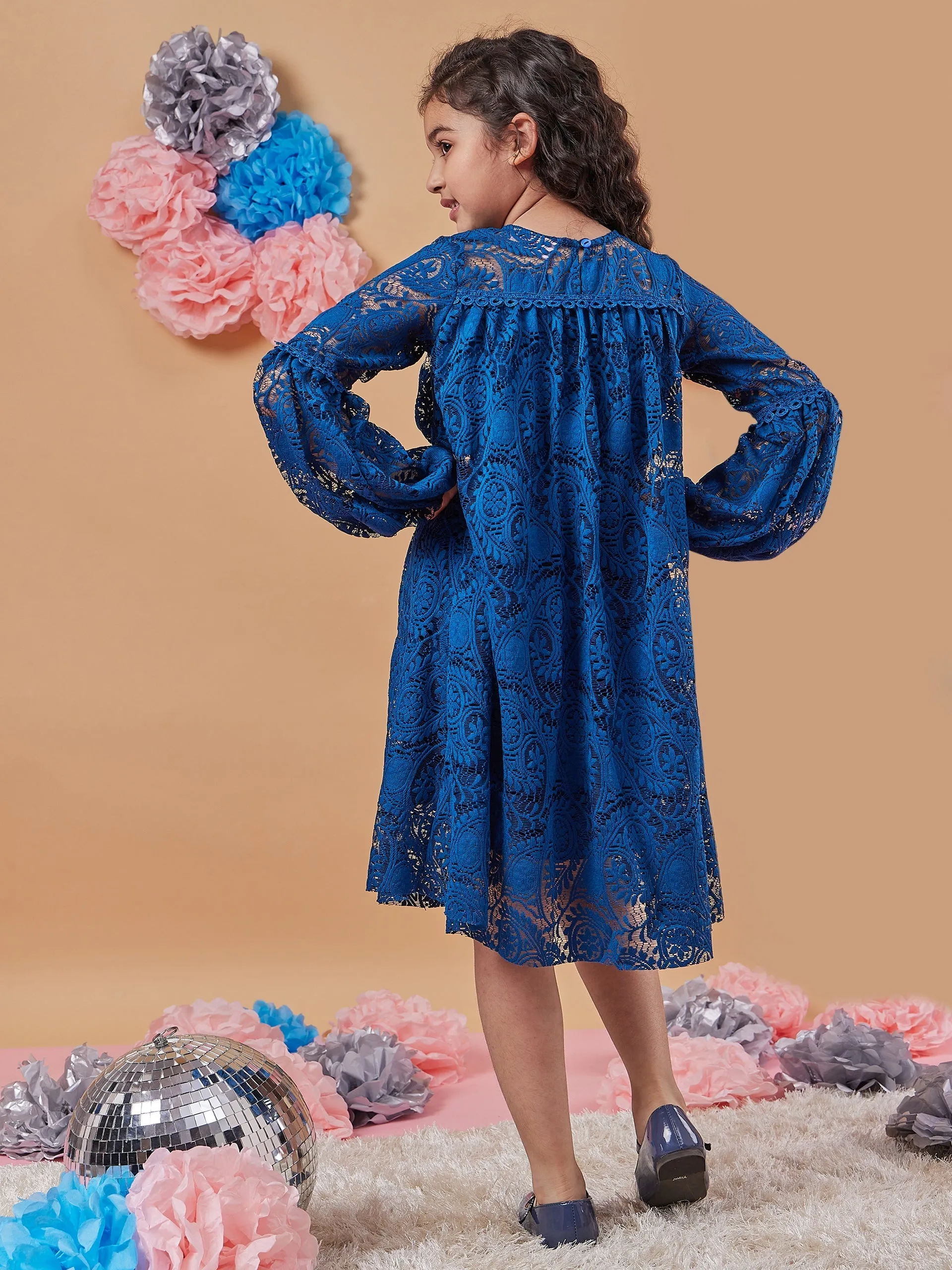 Girls Floral Print Round Neck Puff Sleeves A-Line Dress