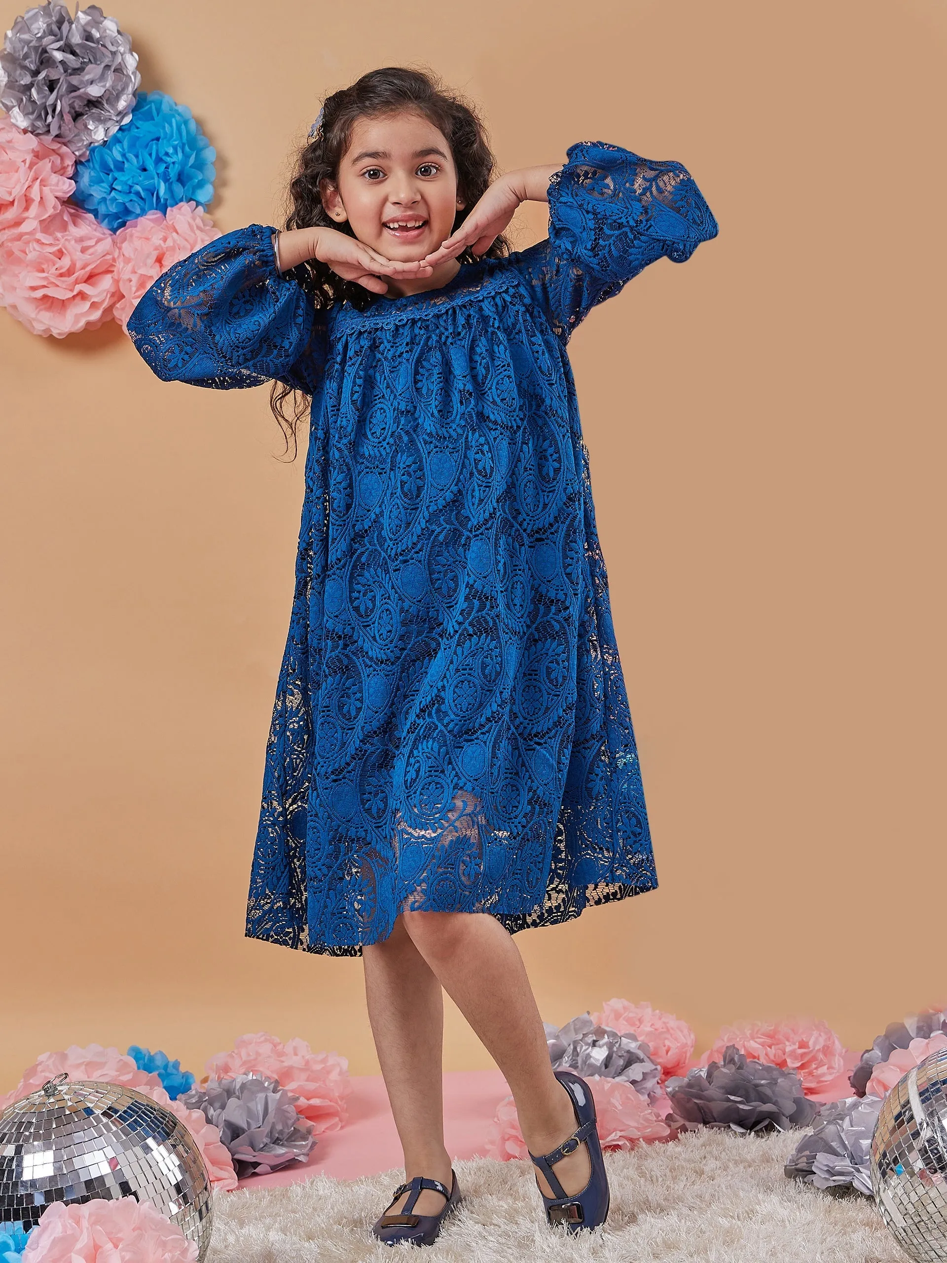 Girls Floral Print Round Neck Puff Sleeves A-Line Dress