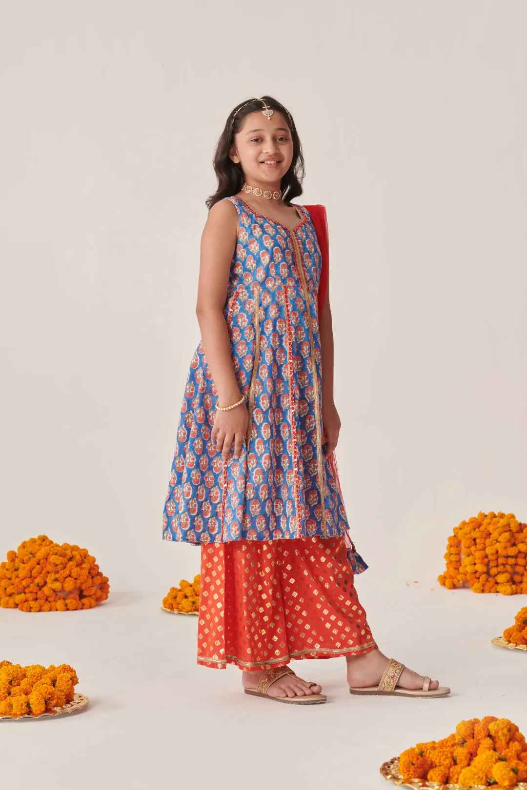 Girls Floral Printed Empire Gotta Patti Kurta With Palazzos With Dupatta