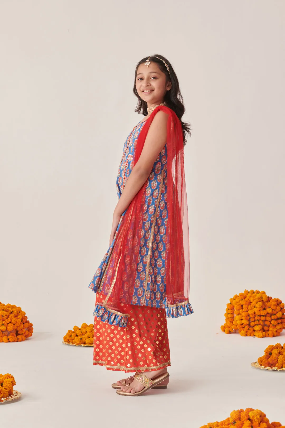 Girls Floral Printed Empire Gotta Patti Kurta With Palazzos With Dupatta