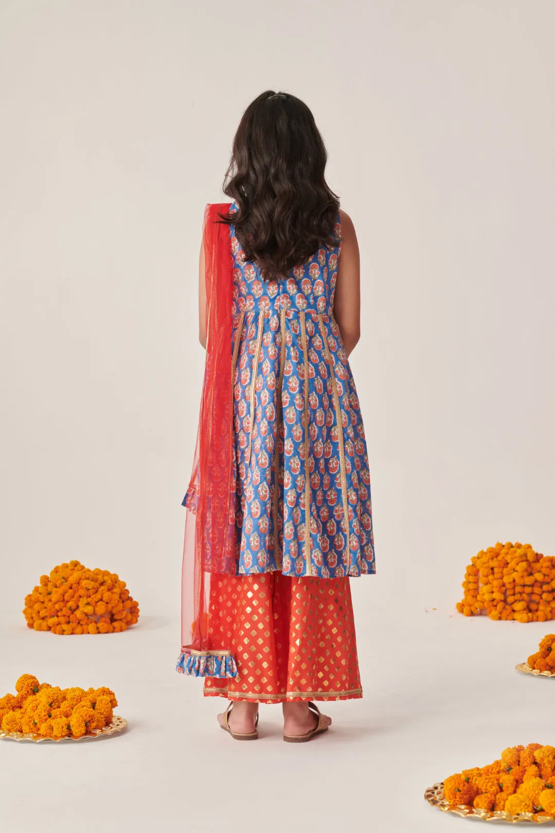 Girls Floral Printed Empire Gotta Patti Kurta With Palazzos With Dupatta