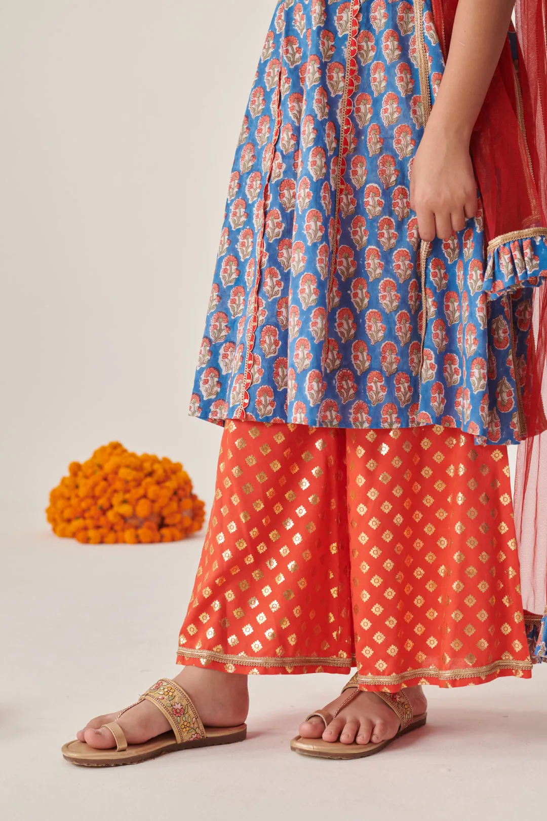 Girls Floral Printed Empire Gotta Patti Kurta With Palazzos With Dupatta