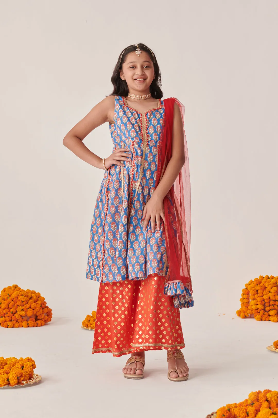 Girls Floral Printed Empire Gotta Patti Kurta With Palazzos With Dupatta