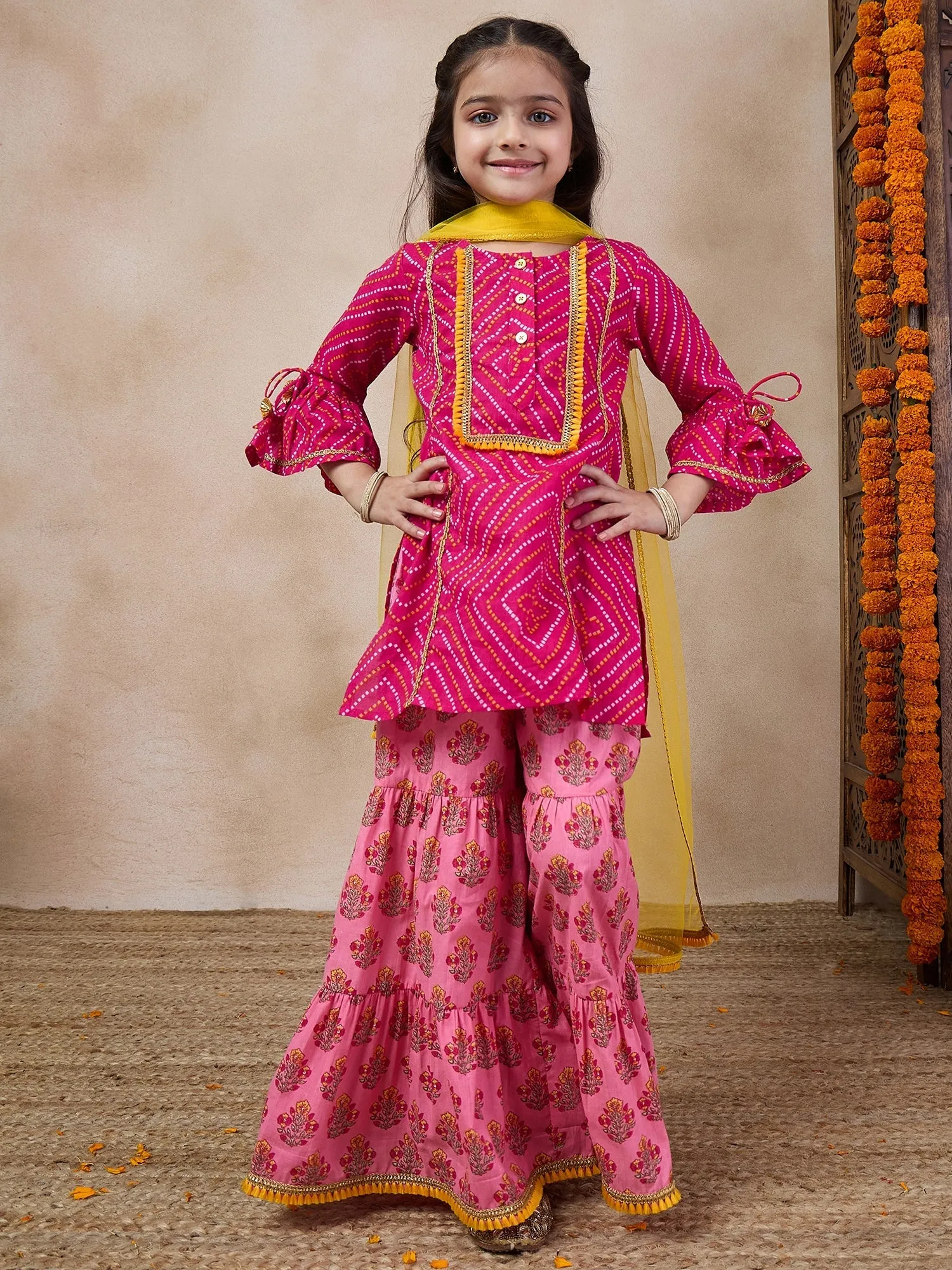 Girls Geometric Printed Flared Sleeves A-Line Kurti With Sharara Dupatta